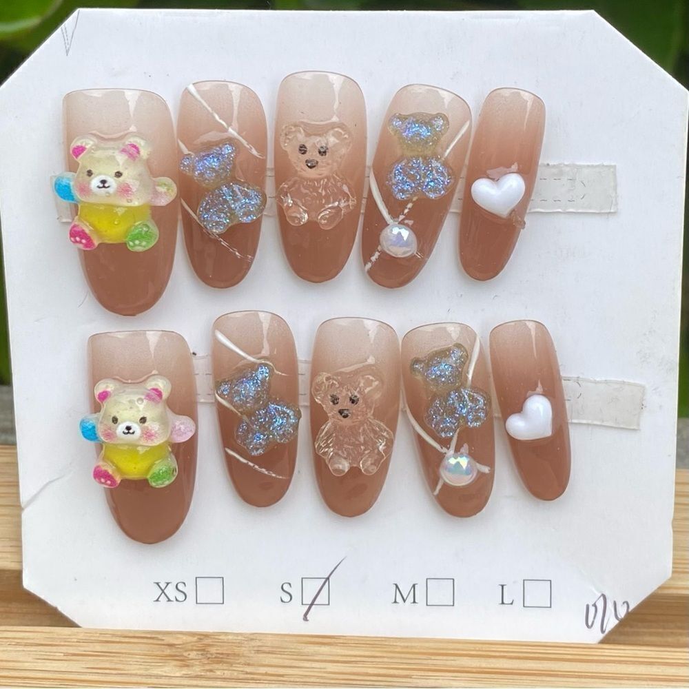 New Handmade Teddy Bear 3D Nail Art Set w/Brown & White Accents Small
